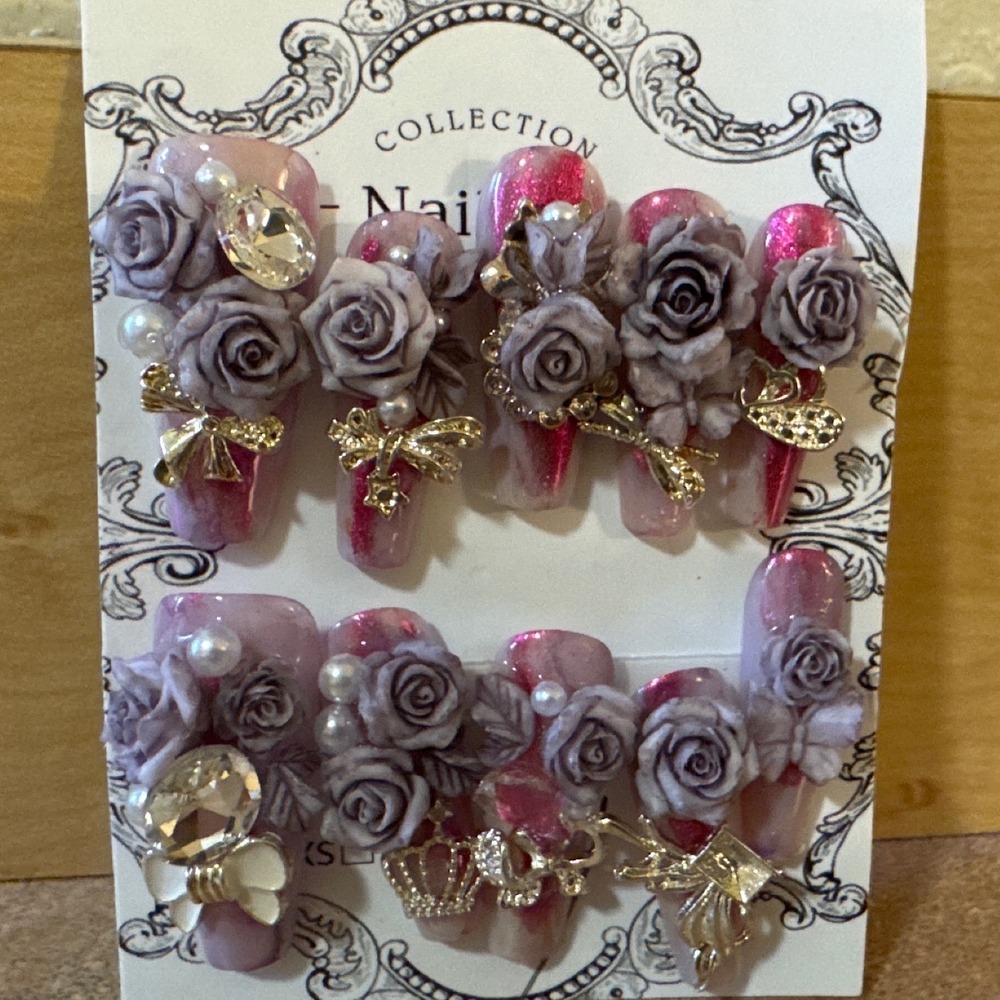 3D Floral Press On Nails Pink Purple Marble Gold Charms Roses Rhinestones Bows
